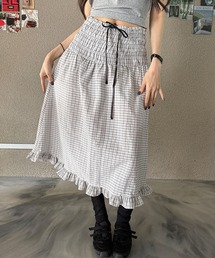 チェック柄ギャザーフリルミディスカート
