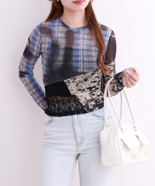 crossi(クロッシー)の「メッシュパッチワークレース切替プルオーバー 長袖(Tシャツ/カットソー・レディース・ブルー・FREE)」の1枚目の写真