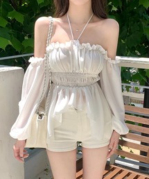 ホルターネックオフショルギャザーブラウス