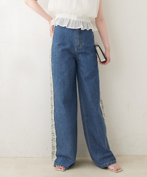 natural couture(ナチュラルクチュール)の「12OZデニム脇レースパンツ(デニムパンツ・レディース・ブルー/サックスブルー・MEDIUM)」の8枚目の写真