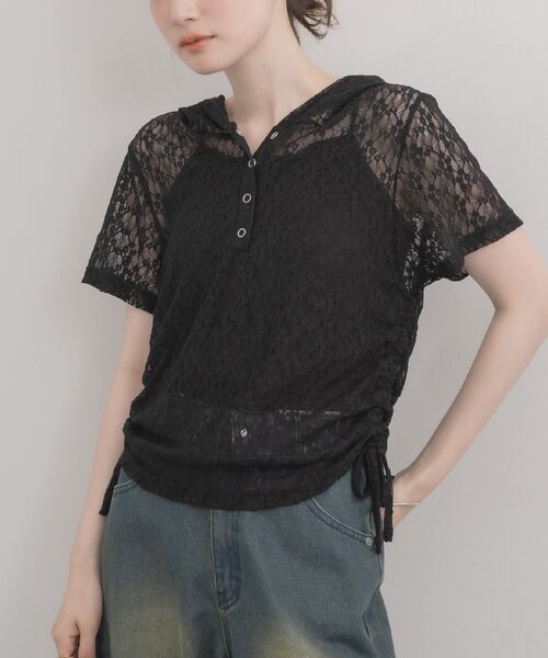 RETRO GIRL(レトロガール)の「ヘンリーネックレースカットソー(Tシャツ/カットソー・レディース・ブラック/ナチュラル・FREE)」の1枚目の写真