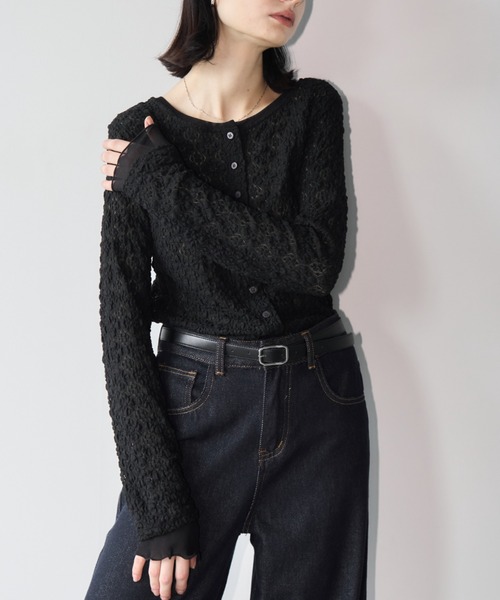 Aimelibra(エメリブラ)の「2WAYレースシアーカットソー/カーディガン(カーディガン/ボレロ・レディース・ブラック/ベージュ・FREE)」の5枚目の写真