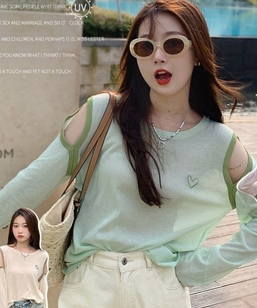 Ritzy(リッツィー)の「ハートプリント配色肩抜きシアー長袖トップス(Tシャツ/カットソー・レディース・ホワイト/ベージュ/ピンク/ミント・FREE)」の5枚目の写真