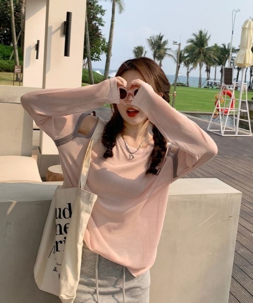 Ritzy(リッツィー)の「ハートプリント配色肩抜きシアー長袖トップス(Tシャツ/カットソー・レディース・ホワイト/ベージュ/ピンク/ミント・FREE)」の16枚目の写真