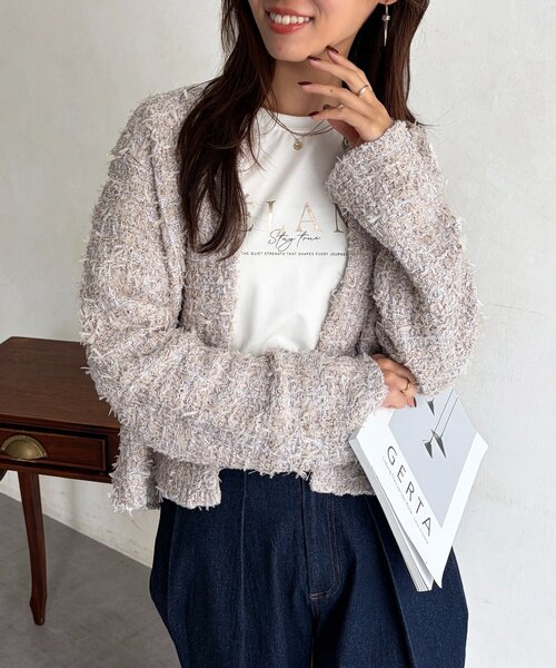 Chez toi(シェトワ)の「ツイードリバーシブルジャケット(カーディガン/ボレロ・レディース・ブラック/グレイッシュベージュ・FREE)」の1枚目の写真