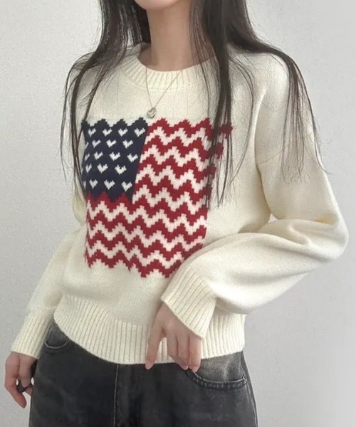 AVYL(アヴィル)の「ハート国旗柄 オーバーサイズジャガードニットプルオーバー(ニット/セーター・レディース・ホワイト/ネイビー・M)」の14枚目の写真