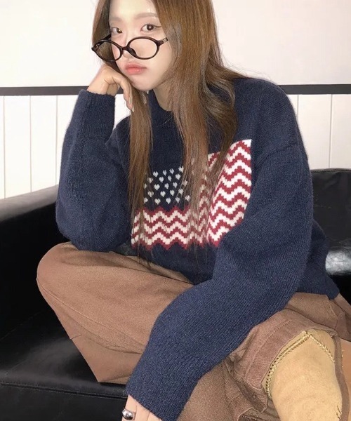 AVYL(アヴィル)の「ハート国旗柄 オーバーサイズジャガードニットプルオーバー(ニット/セーター・レディース・ホワイト/ネイビー・M)」の17枚目の写真