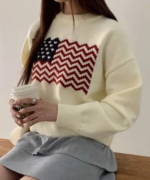 AVYL(アヴィル)の「ハート国旗柄 オーバーサイズジャガードニットプルオーバー(ニット/セーター・レディース・ホワイト/ネイビー・M)」の18枚目の写真