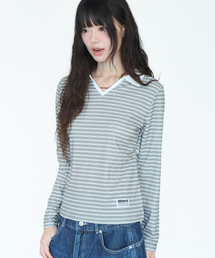 リブストライプカラー長袖Tシャツ（セミクロップ）[グリーン]