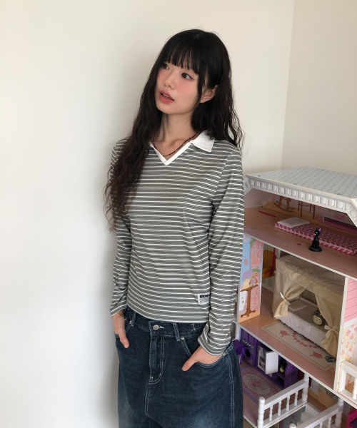 SEW-B（ソービー）の「リブストライプカラー長袖Tシャツ（セミクロップ）[グリーン]（Tシャツ/カットソー・レディース・その他・FREE）」の3枚目の写真