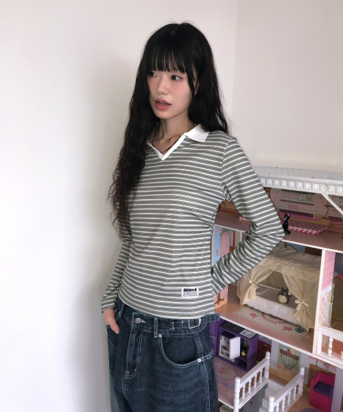 SEW-B（ソービー）の「リブストライプカラー長袖Tシャツ（セミクロップ）[グリーン]（Tシャツ/カットソー・レディース・その他・FREE）」の4枚目の写真