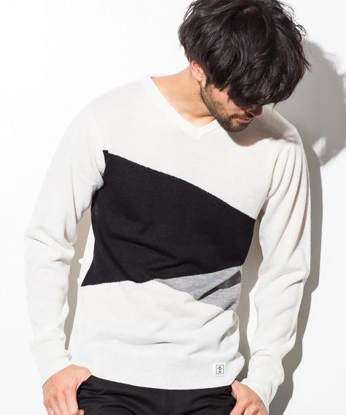 AZbyjunhashimoto_(エーゼイバイジュンハシモト)の「AZ by junhashimoto(エーゼイ バイ ジュンハシモト)ブロッキングカラーニット(ニット/セーター・メンズ・オフホワイト/ブラック/ブルー・LARGE/MEDIUM/X-LARGE/SMALL)」の2枚目の写真