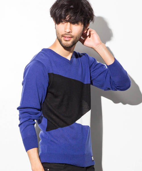 AZbyjunhashimoto_(エーゼイバイジュンハシモト)の「AZ by junhashimoto(エーゼイ バイ ジュンハシモト)ブロッキングカラーニット(ニット/セーター・メンズ・オフホワイト/ブラック/ブルー・LARGE/MEDIUM/X-LARGE/SMALL)」の3枚目の写真