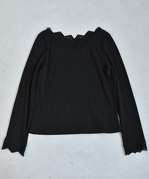 PairPair(ペアペア)の「スカラップレースリブロンT(Tシャツ/カットソー・レディース・ブラック/オフホワイト・FREE)」の2枚目の写真