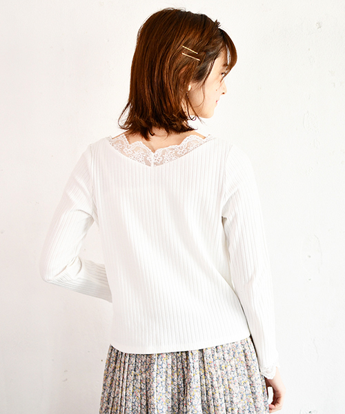 PairPair(ペアペア)の「スカラップレースリブロンT(Tシャツ/カットソー・レディース・ブラック/オフホワイト・FREE)」の4枚目の写真