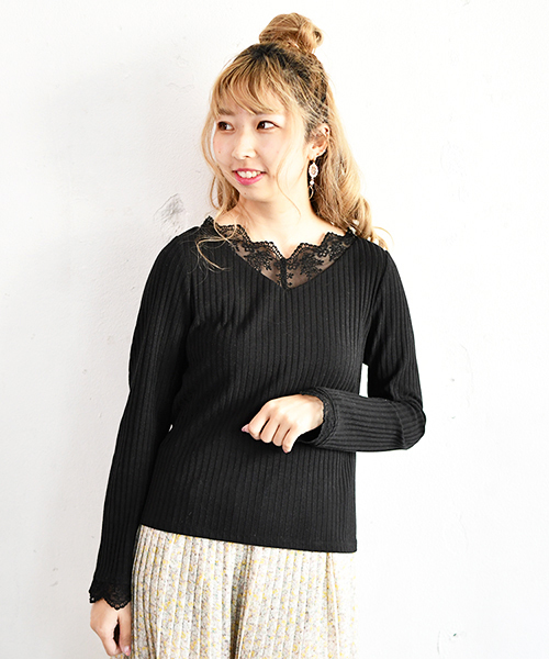 PairPair(ペアペア)の「スカラップレースリブロンT(Tシャツ/カットソー・レディース・ブラック/オフホワイト・FREE)」の5枚目の写真