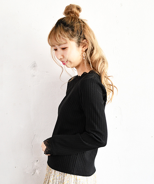 PairPair(ペアペア)の「スカラップレースリブロンT(Tシャツ/カットソー・レディース・ブラック/オフホワイト・FREE)」の6枚目の写真