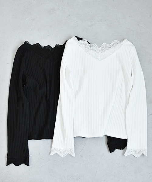 PairPair(ペアペア)の「スカラップレースリブロンT(Tシャツ/カットソー・レディース・ブラック/オフホワイト・FREE)」の12枚目の写真