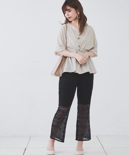 natural couture(ナチュラルクチュール)の「ウエストドロストVネックブラウス(シャツ/ブラウス・レディース・オフホワイト/ブラウン系その他/ドット/レンガ・FREE)」の14枚目の写真