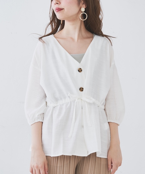 natural couture(ナチュラルクチュール)の「ウエストドロストVネックブラウス(シャツ/ブラウス・レディース・オフホワイト/ブラウン系その他/ドット/レンガ・FREE)」の18枚目の写真