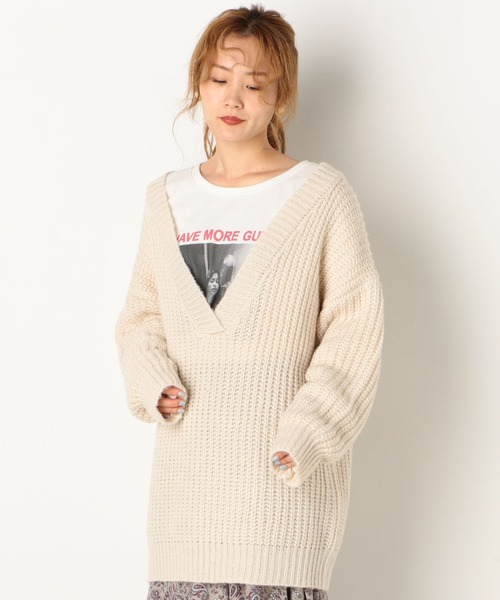 archives（アルシーヴ）の「深VネックBIGプルオーバー（ニット/セーター・レディース・オフホワイト/グリーン/モカ・MEDIUM）」の2枚目の写真