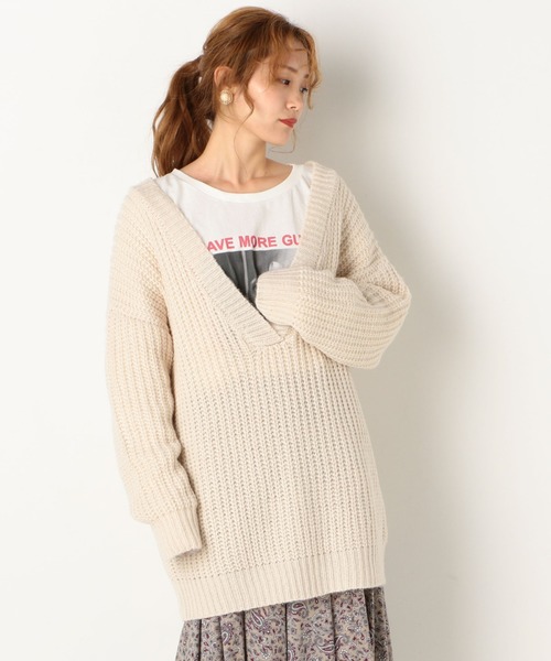 archives（アルシーヴ）の「深VネックBIGプルオーバー（ニット/セーター・レディース・オフホワイト/グリーン/モカ・MEDIUM）」の6枚目の写真