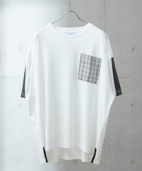 anown（アノン）の「袖ライン チェックポケット オーバーサイズ 半袖サイドスリットカットソー【ファッションインフルエンサー がらし×anown 限定コラボ】（Tシャツ/カットソー・メンズ・ホワイト/ネイビー・M/L）」の2枚目の写真