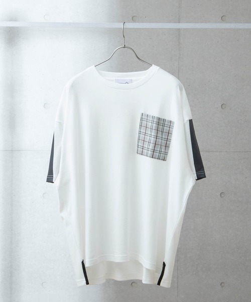 anown（アノン）の「袖ライン チェックポケット オーバーサイズ 半袖サイドスリットカットソー【ファッションインフルエンサー がらし×anown 限定コラボ】（Tシャツ/カットソー・メンズ・ホワイト/ネイビー・M/L）」の4枚目の写真