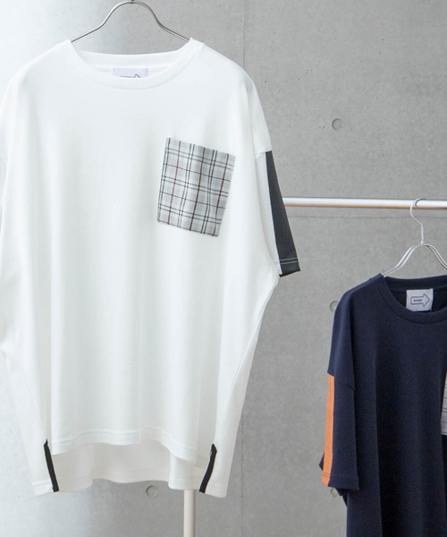 anown（アノン）の「袖ライン チェックポケット オーバーサイズ 半袖サイドスリットカットソー【ファッションインフルエンサー がらし×anown 限定コラボ】（Tシャツ/カットソー・メンズ・ホワイト/ネイビー・M/L）」の3枚目の写真