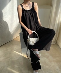 麻ライクフロントギャザーワイドサロペットパンツ