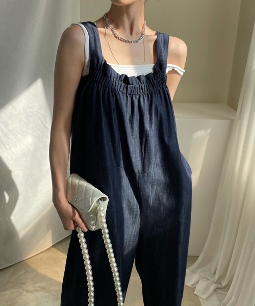 ABITOKYO(アビトーキョー)の「麻ライクフロントギャザーワイドサロペットパンツ(つなぎ/オールインワン・レディース・ブラック/ベージュ/インディゴブルー・FREE)」の18枚目の写真