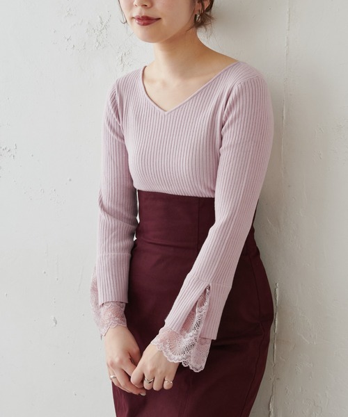 natural couture(ナチュラルクチュール)の「前後2WAY袖口レースリブニット(ニット/セーター・レディース・アイボリー/ブラック/モカ/ミント/ピンク・FREE)」の1枚目の写真