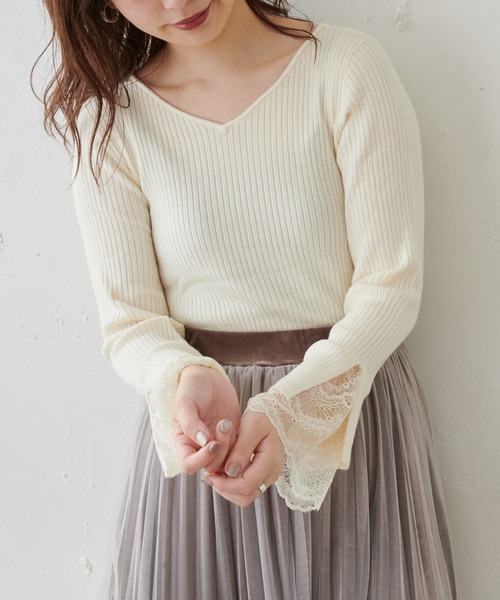 natural couture(ナチュラルクチュール)の「前後2WAY袖口レースリブニット(ニット/セーター・レディース・アイボリー/ブラック/モカ/ミント/ピンク・FREE)」の2枚目の写真
