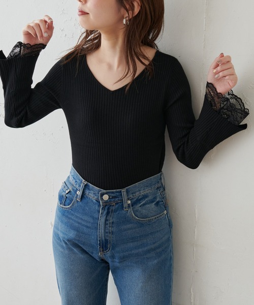 natural couture(ナチュラルクチュール)の「前後2WAY袖口レースリブニット(ニット/セーター・レディース・アイボリー/ブラック/モカ/ミント/ピンク・FREE)」の3枚目の写真