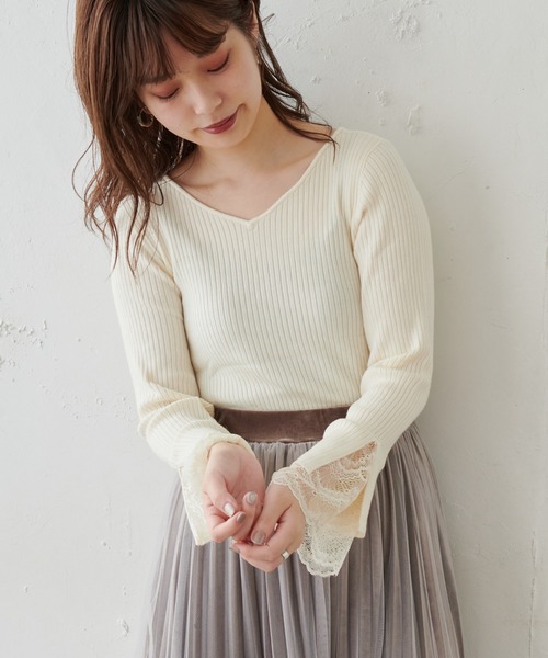 natural couture(ナチュラルクチュール)の「前後2WAY袖口レースリブニット(ニット/セーター・レディース・アイボリー/ブラック/モカ/ミント/ピンク・FREE)」の18枚目の写真