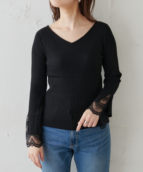 natural couture(ナチュラルクチュール)の「前後2WAY袖口レースリブニット(ニット/セーター・レディース・アイボリー/ブラック/モカ/ミント/ピンク・FREE)」の12枚目の写真