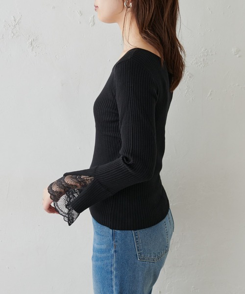 natural couture(ナチュラルクチュール)の「前後2WAY袖口レースリブニット(ニット/セーター・レディース・アイボリー/ブラック/モカ/ミント/ピンク・FREE)」の16枚目の写真
