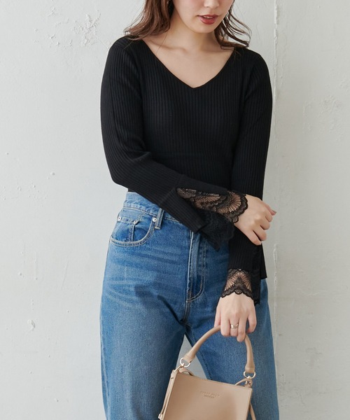 natural couture(ナチュラルクチュール)の「前後2WAY袖口レースリブニット(ニット/セーター・レディース・アイボリー/ブラック/モカ/ミント/ピンク・FREE)」の6枚目の写真