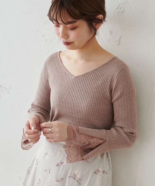 natural couture(ナチュラルクチュール)の「前後2WAY袖口レースリブニット(ニット/セーター・レディース・アイボリー/ブラック/モカ/ミント/ピンク・FREE)」の14枚目の写真