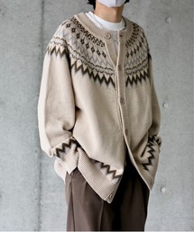 ノルディック柄クルーネックオーバーニットカーデ