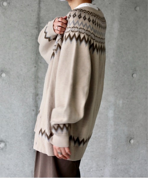 y/m by れぽすけ(イムバイレポスケ)の「ノルディック柄クルーネックオーバーニットカーデ(カーディガン/ボレロ・メンズ・ベージュ/ブルー・MEDIUM/LARGE)」の7枚目の写真