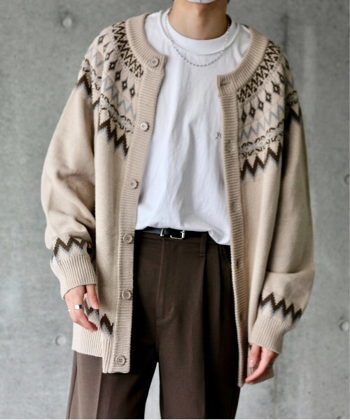y/m by れぽすけ(イムバイレポスケ)の「ノルディック柄クルーネックオーバーニットカーデ(カーディガン/ボレロ・メンズ・ベージュ/ブルー・MEDIUM/LARGE)」の5枚目の写真