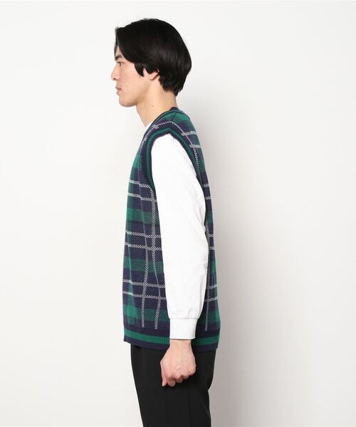 CORPUS　SELECT（コーパストーキョー）の「Oversized Tartan Knit Vest/ビッグシルエット タータンチェック ニットベスト（ベスト・メンズ・ホワイト/ベージュ/グレー/グリーン・FREE）」の6枚目の写真