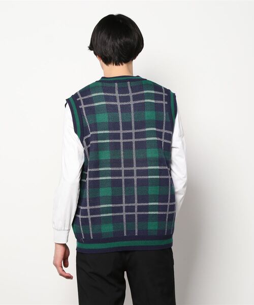 CORPUS　SELECT（コーパストーキョー）の「Oversized Tartan Knit Vest/ビッグシルエット タータンチェック ニットベスト（ベスト・メンズ・ホワイト/ベージュ/グレー/グリーン・FREE）」の5枚目の写真
