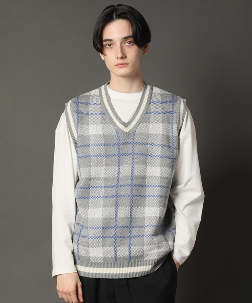CORPUS　SELECT（コーパストーキョー）の「Oversized Tartan Knit Vest/ビッグシルエット タータンチェック ニットベスト（ベスト・メンズ・ホワイト/ベージュ/グレー/グリーン・FREE）」の2枚目の写真