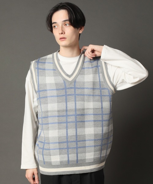 CORPUS　SELECT（コーパストーキョー）の「Oversized Tartan Knit Vest/ビッグシルエット タータンチェック ニットベスト（ベスト・メンズ・ホワイト/ベージュ/グレー/グリーン・FREE）」の11枚目の写真