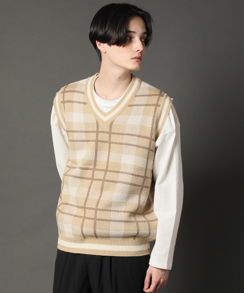 CORPUS　SELECT（コーパストーキョー）の「Oversized Tartan Knit Vest/ビッグシルエット タータンチェック ニットベスト（ベスト・メンズ・ホワイト/ベージュ/グレー/グリーン・FREE）」の14枚目の写真