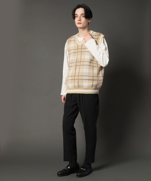 CORPUS　SELECT（コーパストーキョー）の「Oversized Tartan Knit Vest/ビッグシルエット タータンチェック ニットベスト（ベスト・メンズ・ホワイト/ベージュ/グレー/グリーン・FREE）」の13枚目の写真