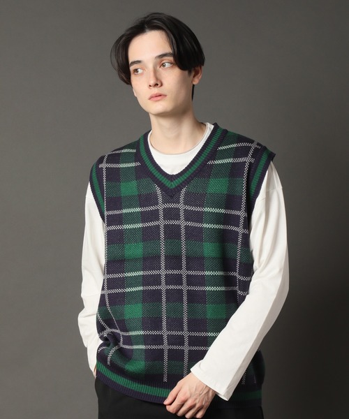 CORPUS　SELECT（コーパストーキョー）の「Oversized Tartan Knit Vest/ビッグシルエット タータンチェック ニットベスト（ベスト・メンズ・ホワイト/ベージュ/グレー/グリーン・FREE）」の17枚目の写真