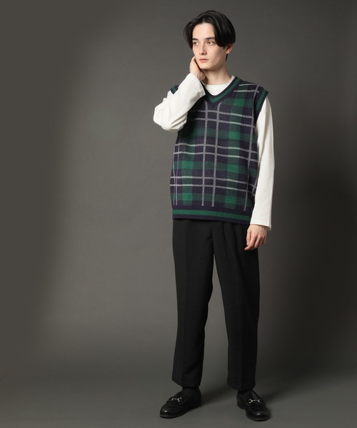 CORPUS　SELECT（コーパストーキョー）の「Oversized Tartan Knit Vest/ビッグシルエット タータンチェック ニットベスト（ベスト・メンズ・ホワイト/ベージュ/グレー/グリーン・FREE）」の16枚目の写真